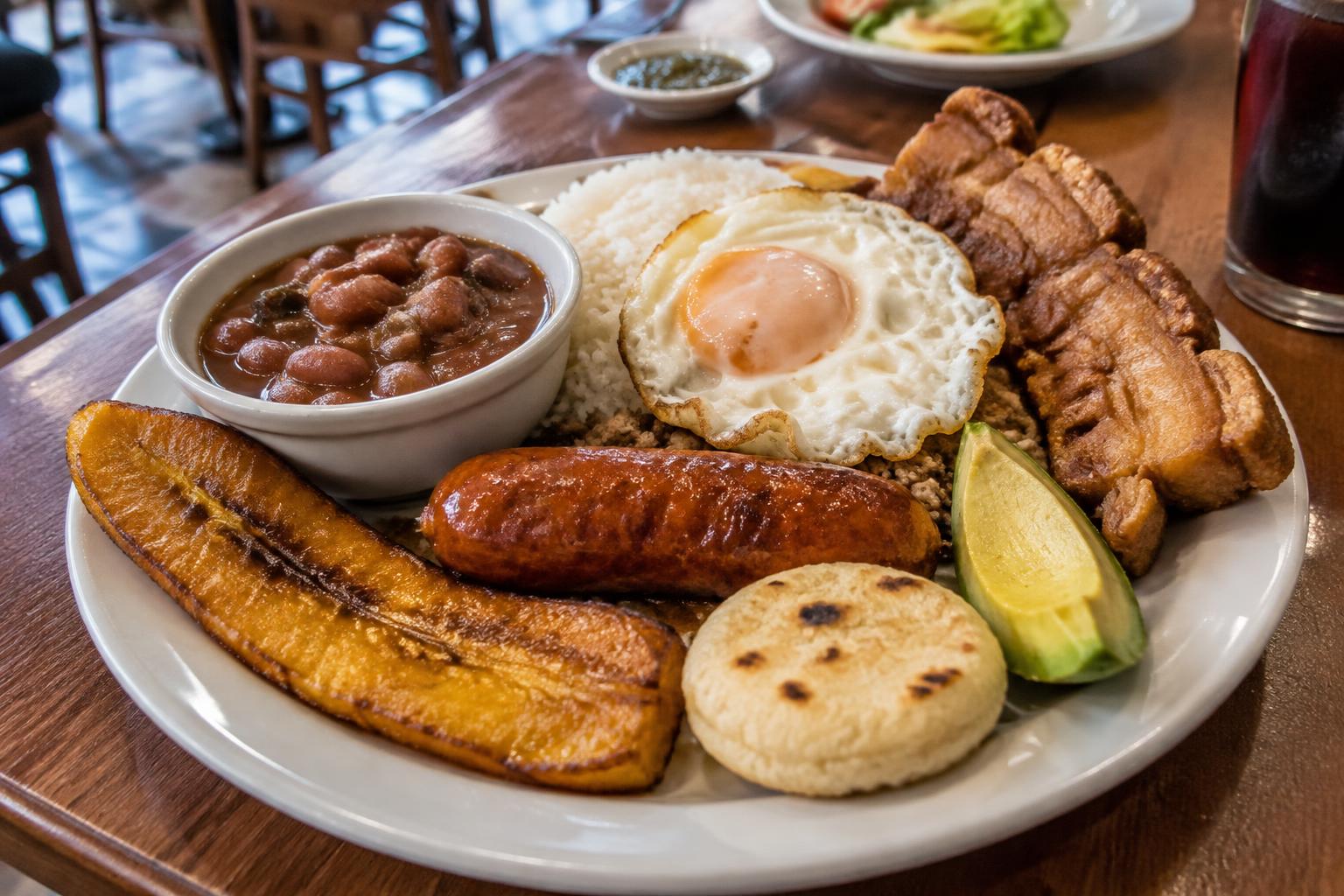 Bandeja colombiana con arroz, frijoles, huevo y plátano