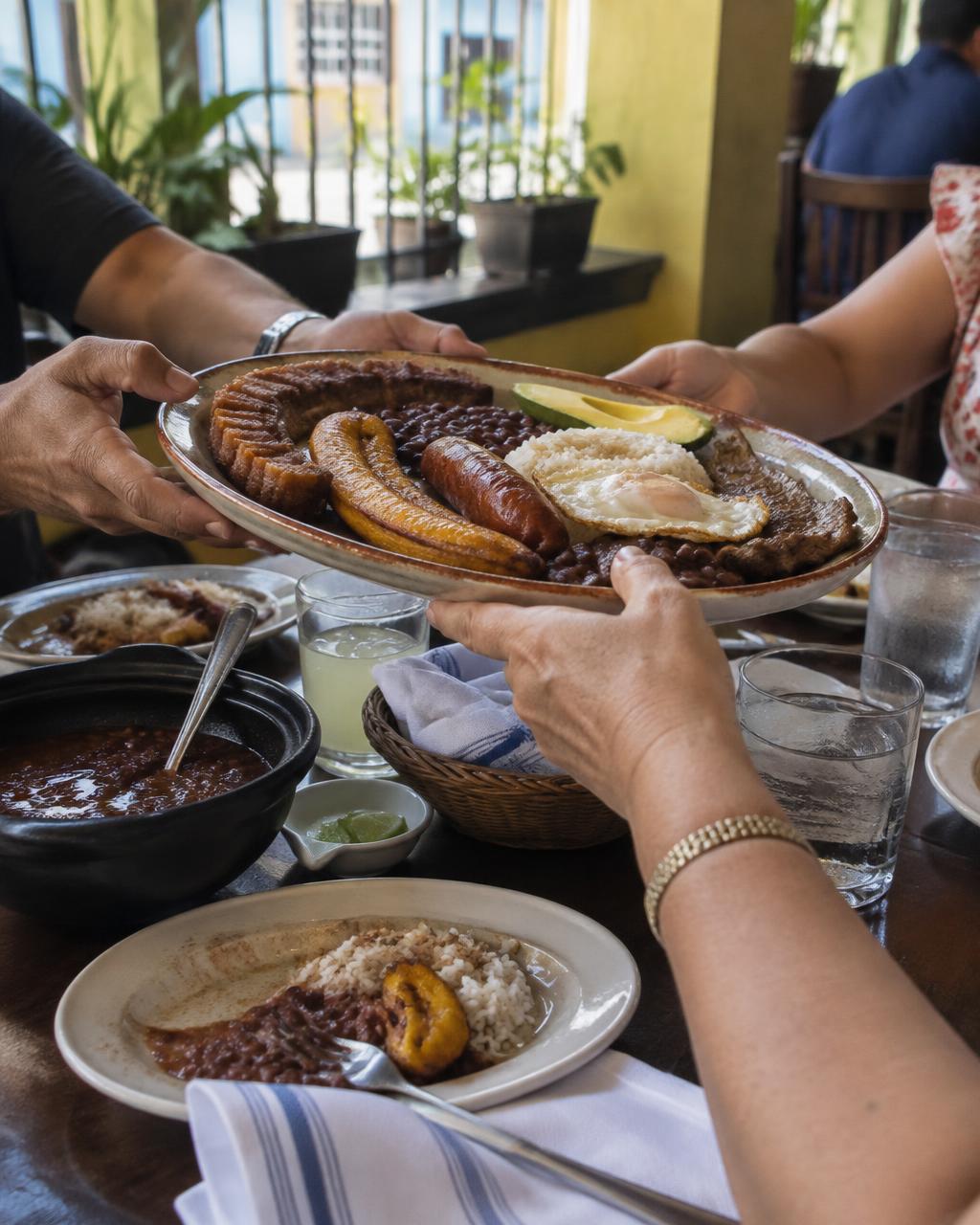 Comida colombiana compartida alrededor de la mesa